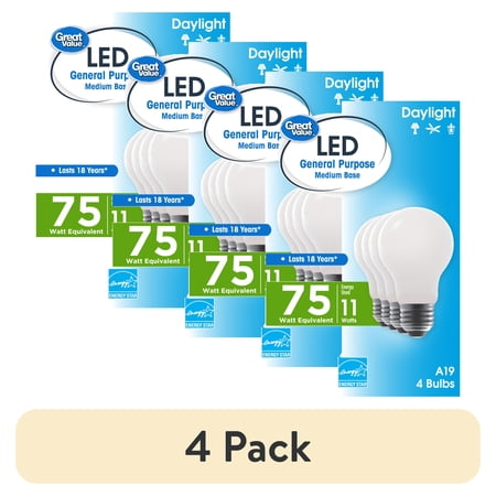 (4 pack) Great Value 18 Year LED Light Bulbs A19 75 Watts Equivalent, E26, Dimmable, Daylight, Frost Glass, 4 Pack