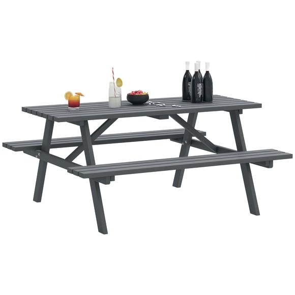 Outsunny Wood Picnic Table Set with Built-in Benches Umbrella Hole Grey