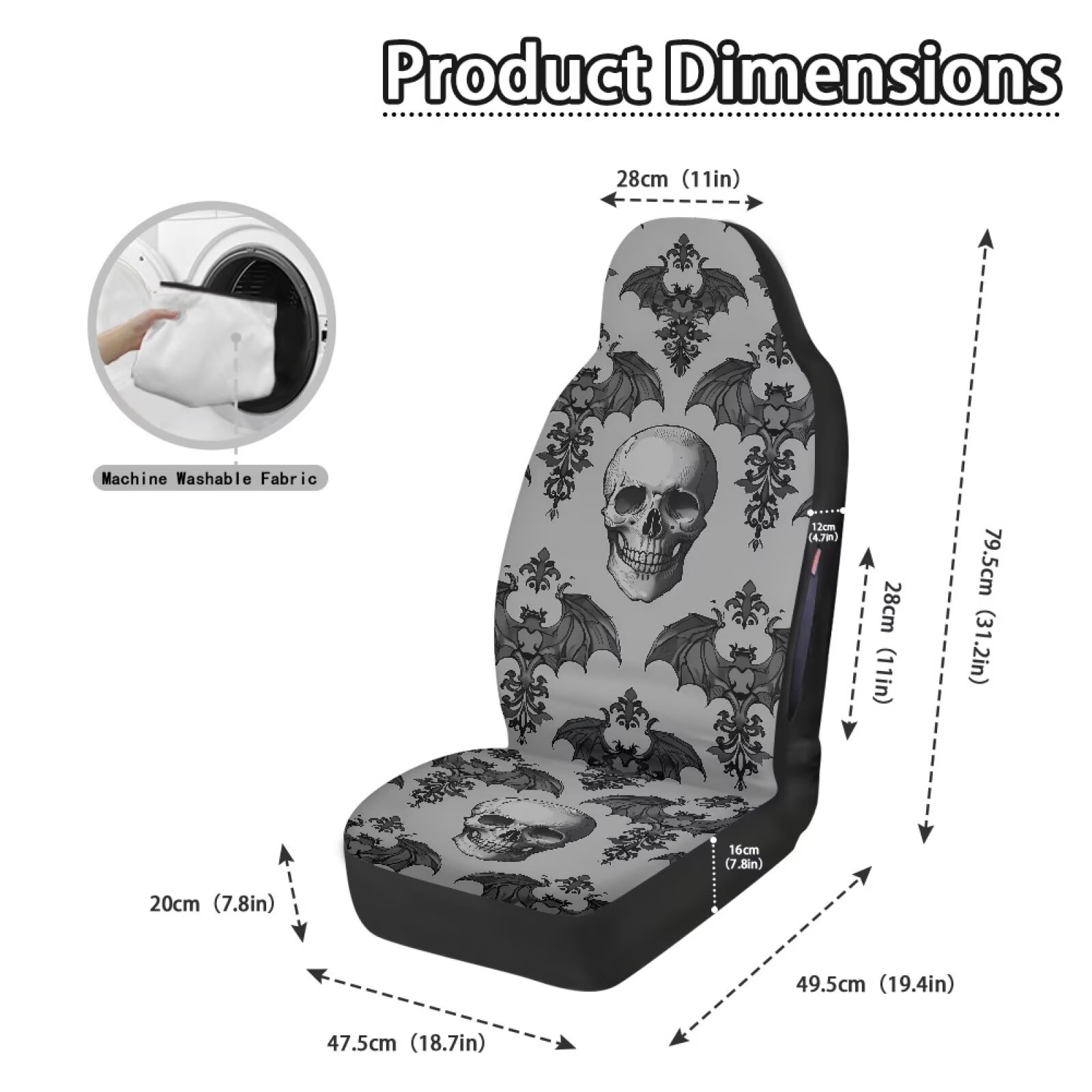 Binienty Skull Front Seat Covers for Cars Waterproof Grey Bats Automotive Seat Covers & Accessories for SUV Truck Sedan Van, Airbag Compatible Vehicle Bucket Cushion Cover, 2 Pack