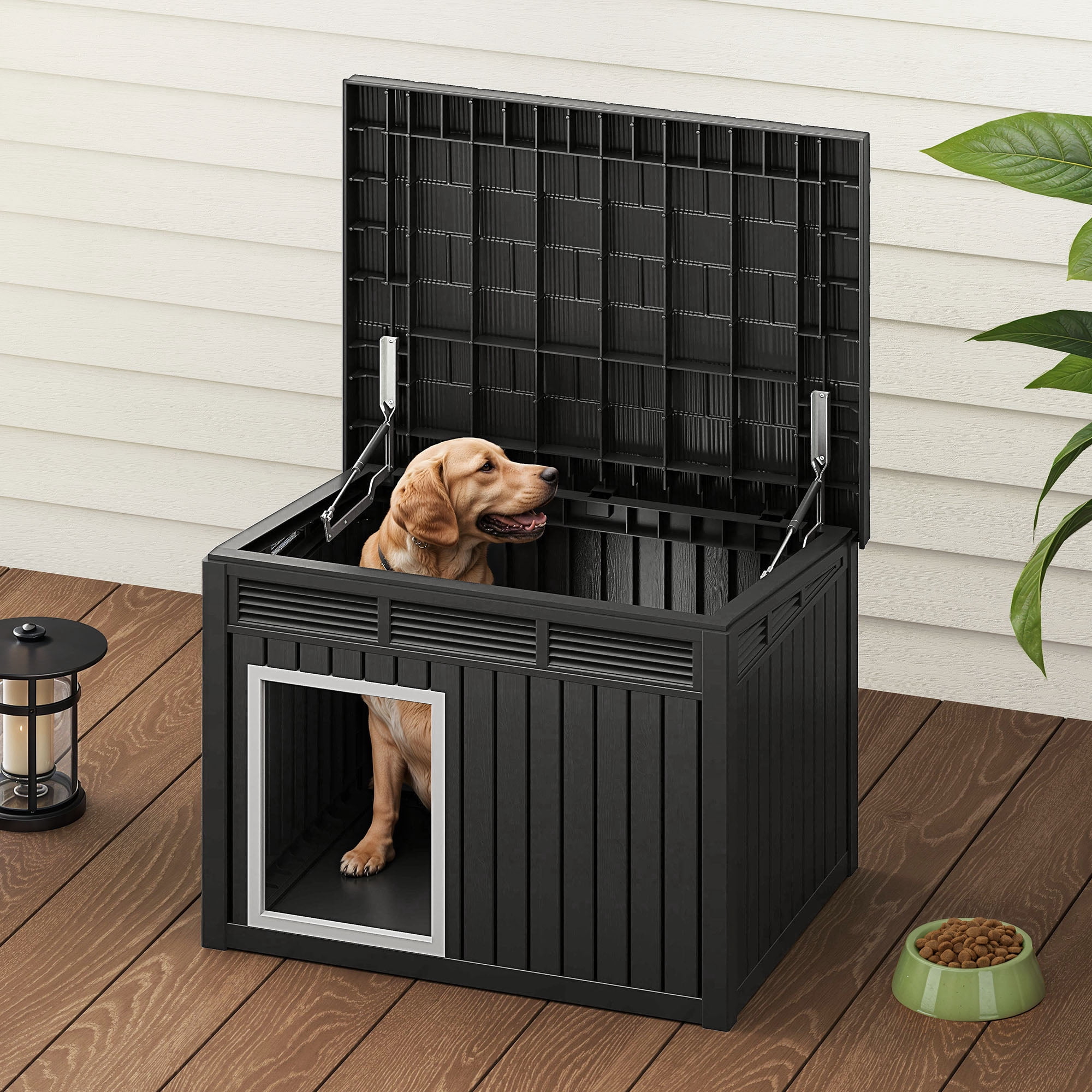 Uforic 32" Plastic Dog House, Outdoor Indoor Dog Kennel with Liftable Roof & Good Ventilation for Medium Dogs,Black