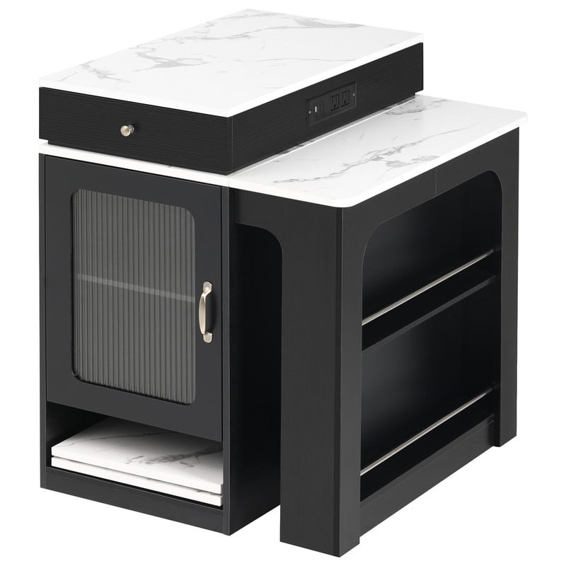 Bellemave 60" Kitchen Island with Extendable Dining Table and Power Outlet, Mobile Kitchen Storage Islands with 2 Storage Drawers, Rolling Islands Cart with Extra Rows Open Shelves（Black)