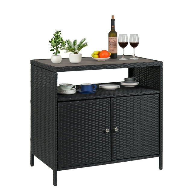 Weatherproof Patio Bar Table Storage Cabinet – All-Weather PE Rattan Wicker, Powder-Coated Steel Frame, Double Doors & Shelf, Outdoor Buffet Console for Garden, Pool, Kitchen – Black+Gray