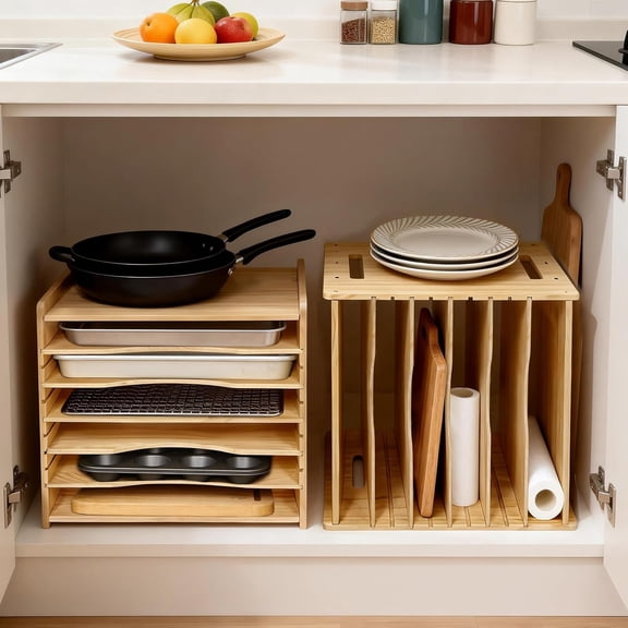 6 Tier Wooden Tray Dividers for Cabinets, Cookie Sheet Organizer