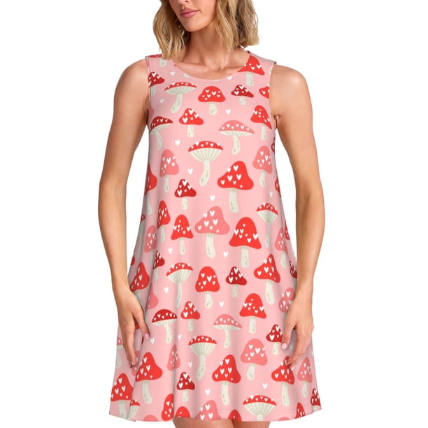 Easygdp Cute Mushroom1 para Vestido Transpirable de Mujer, Vestido Suelto de Manga Corta con Pliegues y Bolsillos para el Verano