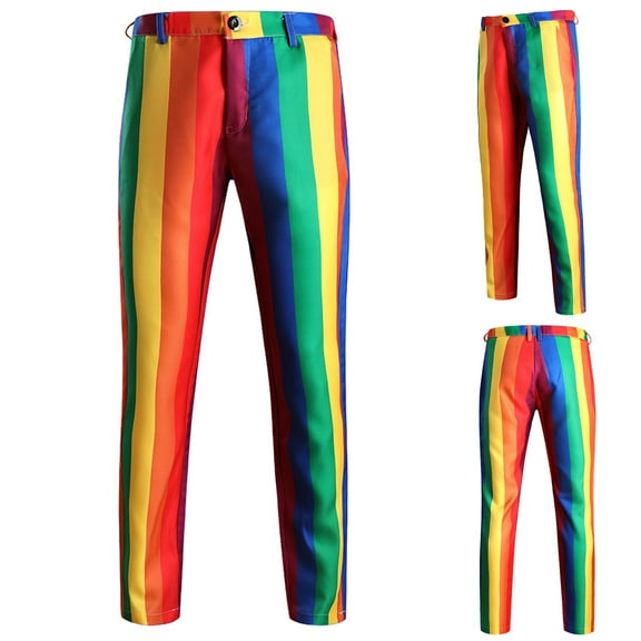 Simua Men's Rainbow Stripe Dress Pants - Colorful Formal Trousers with Gold Buckle for Special Occasions