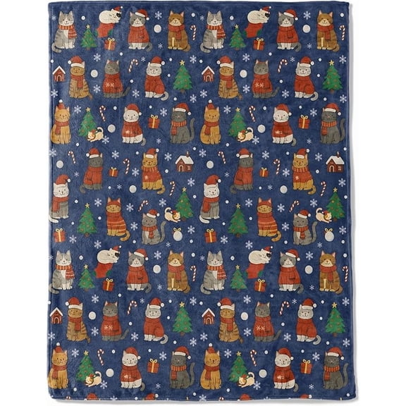 Cat Christmas Decorative Throw Blanket, Snowflake Candy Cane Print Decoration, Flannel Winter Blankets for Couch Bed Sofa, Holiday Home Decor, Xmas Festival Gifts for Kitten Lovers