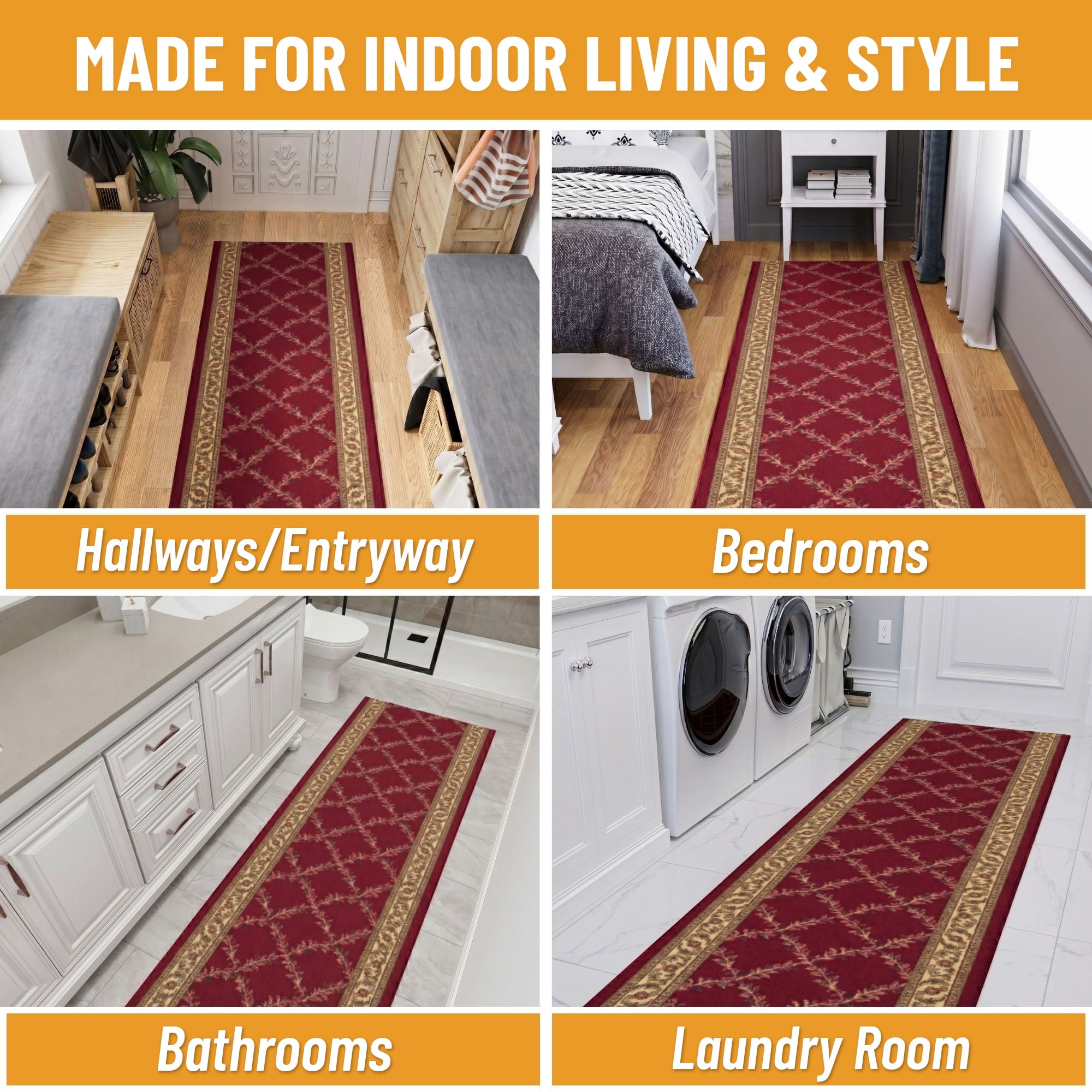 Ottomanson Extra Long Runner Rug 2'7" x 37' – Non-Slip Low Pile Hallway Carpet, Trellis Burgundy Red