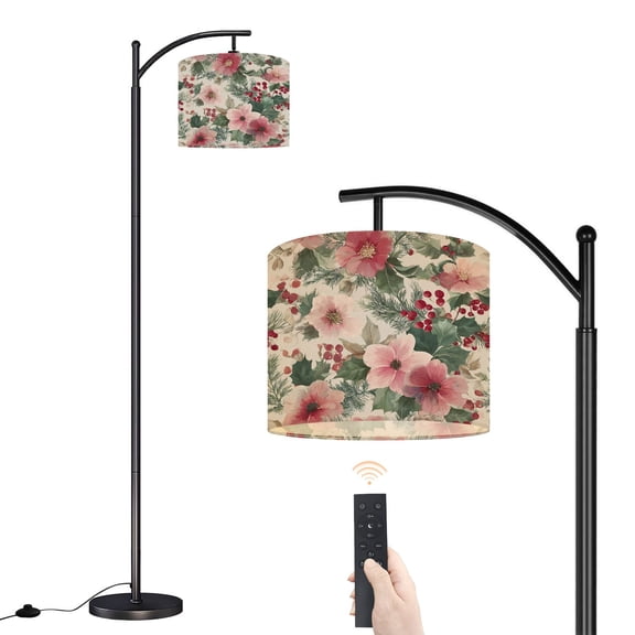 Arc Floor Lamp with Adjustable Lampshade Vintage Floral Pink Hibiscus Holly Berries Greenery Standing Lamp 3 Color Temperatures Dimmable Tall Pole Lamp with Foot Switch for Bedroom