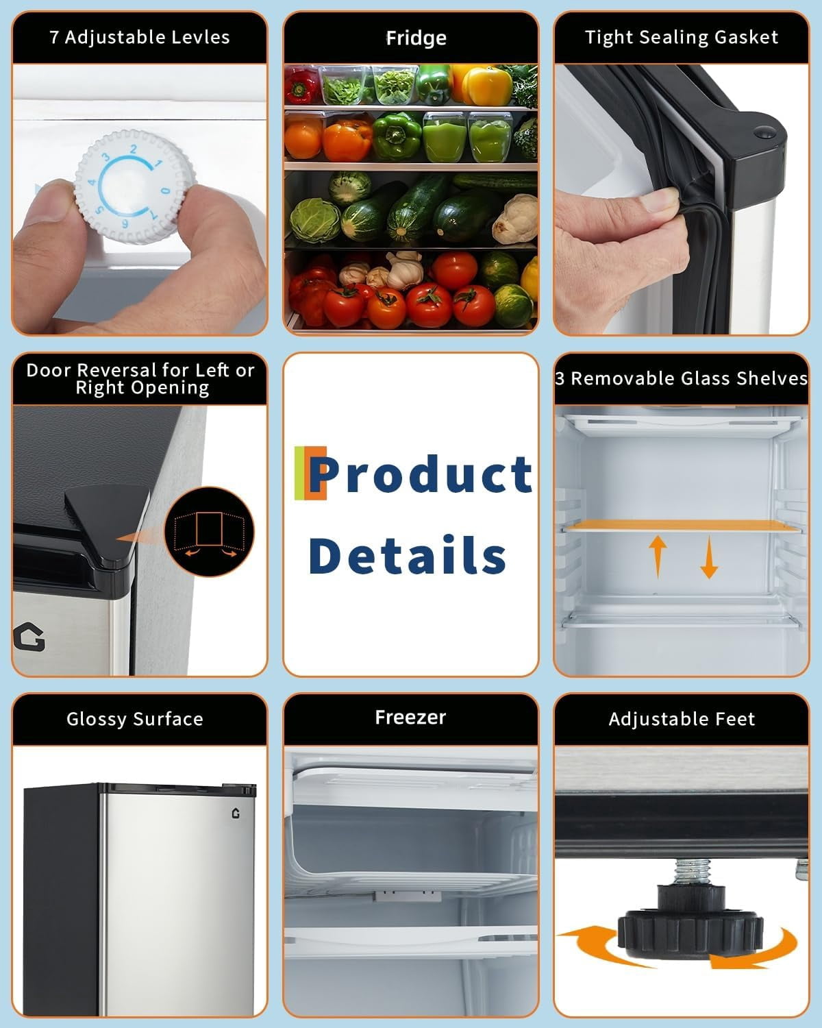 4.5 Cu.Ft Mini Fridge with Freezer, Low Noise< 38dB, Compact Refrigerator w/Reversible Door, Adjustable Thermostat Energy-Efficient, Small Fridge for Bedroom, Office, Dorm