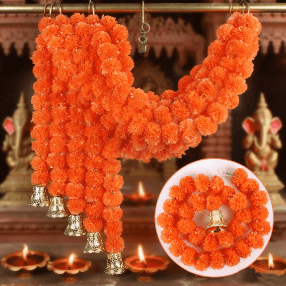 Gamexcel 50FT(10x5ft) Marigold Flower Garland with Bells 5 Feet Long Strands faux Indian Decorations Orange for Pooja,Wedding,Christmas,Events,Diwali