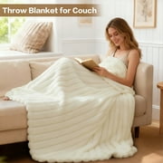 EMONIA White Fleece Throw Blanket for Couch, 320GSM Super Soft Cozy Blankets and Throws, Decorative Fleece Blankets for Women Men Gifts, Throws with Stripes for Sofa Bed Decor, 50''x60''