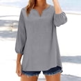 thumbnail image 2 of Lenpel Line Tops for Women Lantern 3/4 Length Sleeve V Neck Floral Embroidered Cotton T-Shirts Loose Tunic Blouses Dressy Casual Tees, 2 of 7
