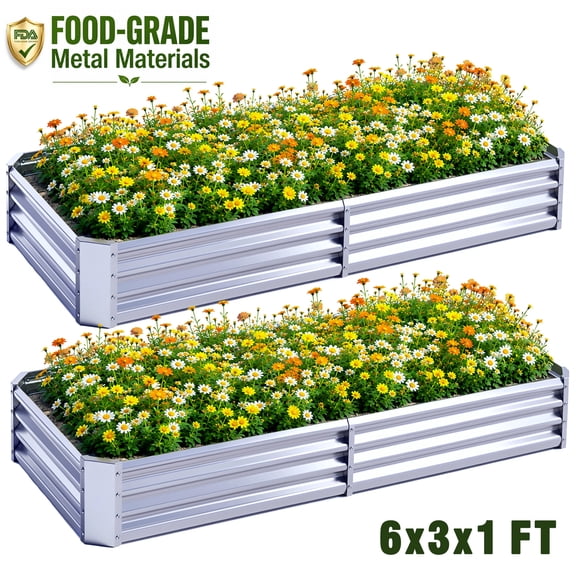 KINIMOX 2PCs Raised Garden Beds, 6x3x1ft Heavy Duty Thick Galvanized Metal Rectangle Planter Box for Vegetables, Flowers, Herbs