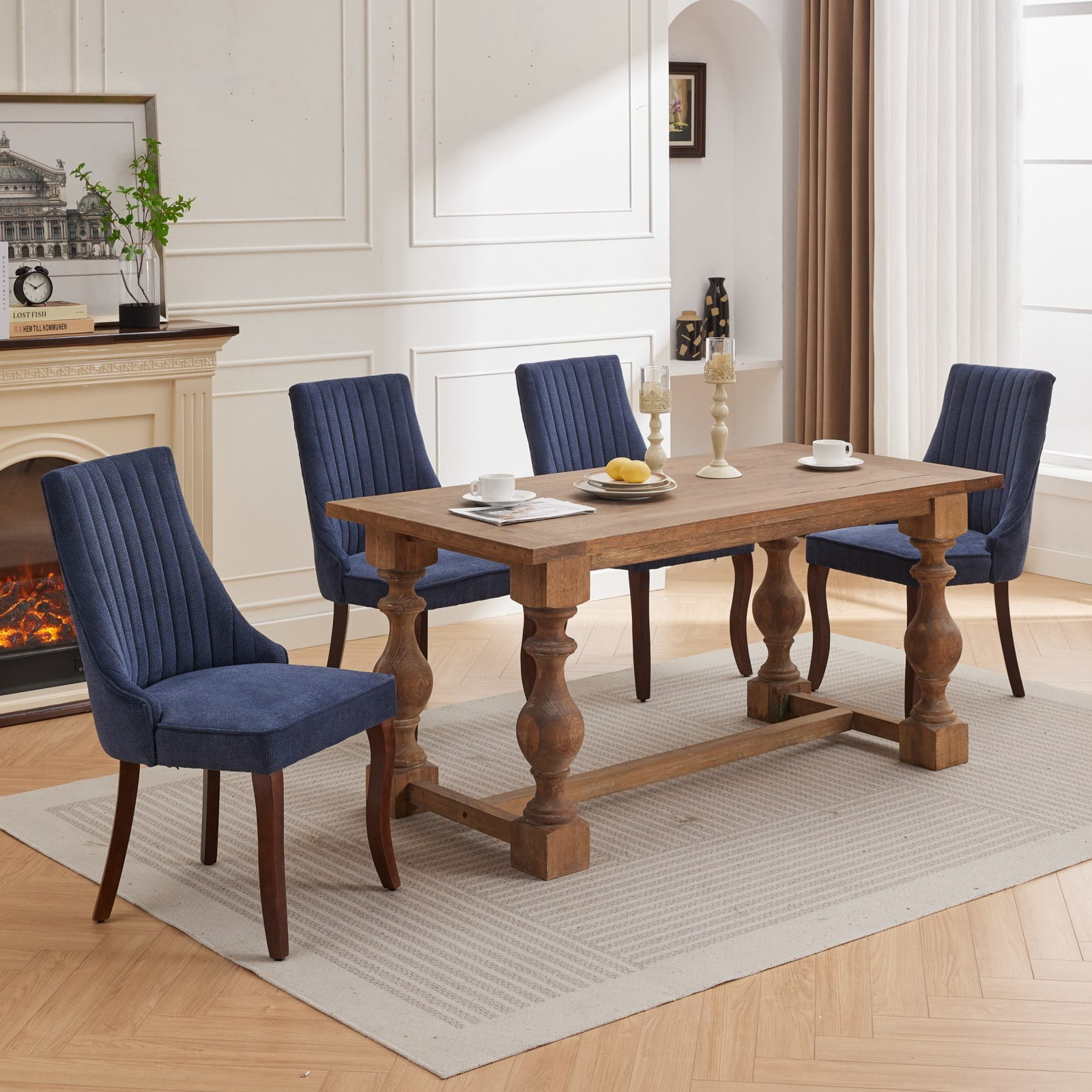 Aukfa Modern Linen Dining Chairs Set of 2, Upholstered Kitchen Side Chair Accent Chair w/ Curved Solid Wood Legs,Blue