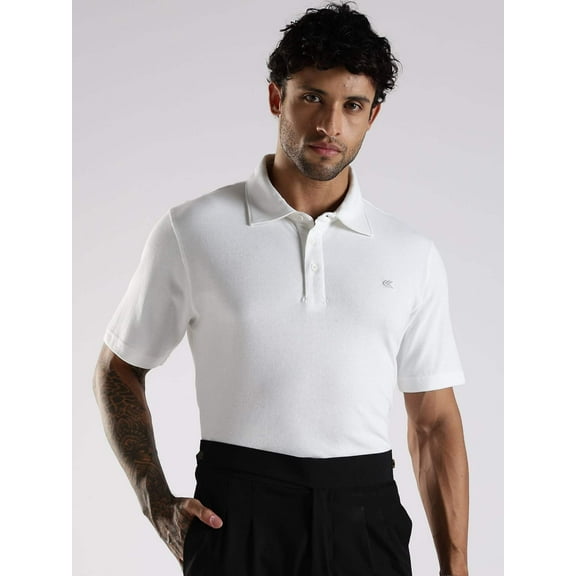 Men Solid White Cotton Polo with Embroidered Logo and Collar Stand