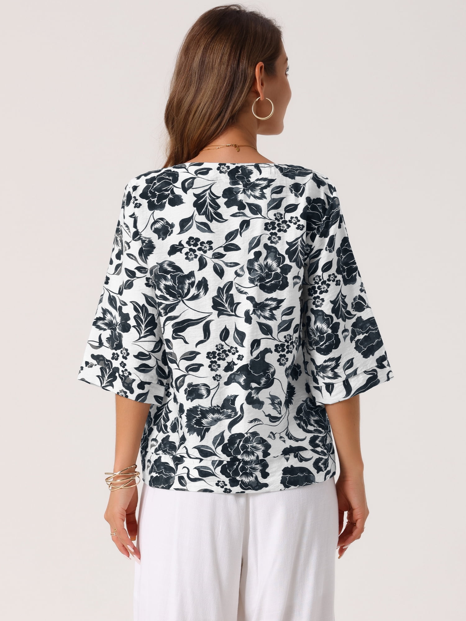 DARING DIVA Women's 3/4 Sleeve V Neck Boho Floral Button Decor Blouses XL Black