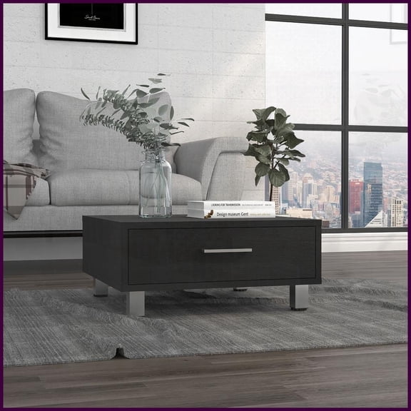 Black Wengue One-Drawer Coffee Table for Living Room, 23.6'' Square Top & Sturdy Storage