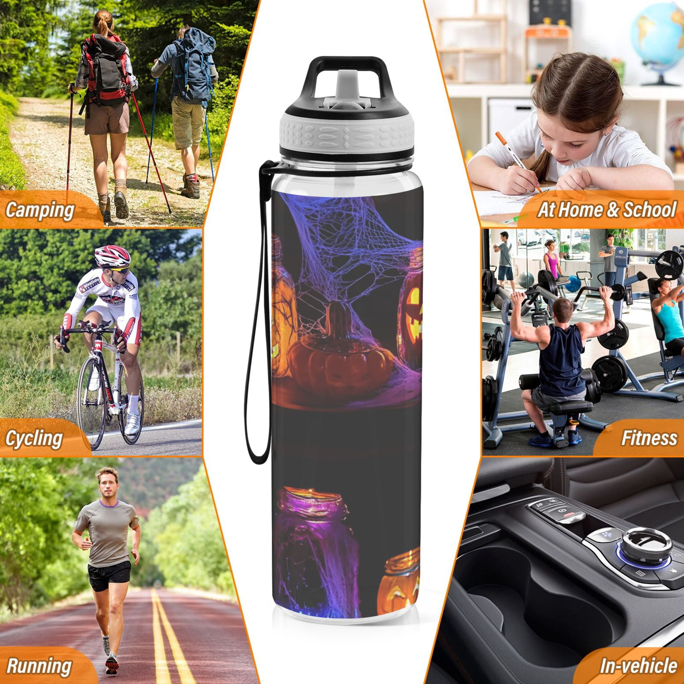 32oz Transparent Sports Water Bottle with Straw for Kids Adults Outdoor School Gym Fitness Glass Jars with Carved Faces