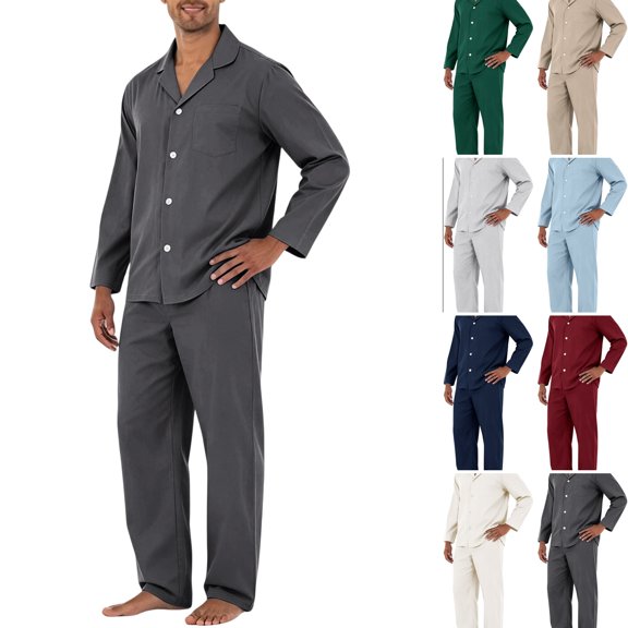 WULMLEO Two Piece Pajama Sets for Men Fall Solid V Neck Button Down Long Sleeve Shirts Wide Leg Pants Outfits Casual Trendy Suit Comfortable Loose Fit Sleepwear Set Gray 2XL