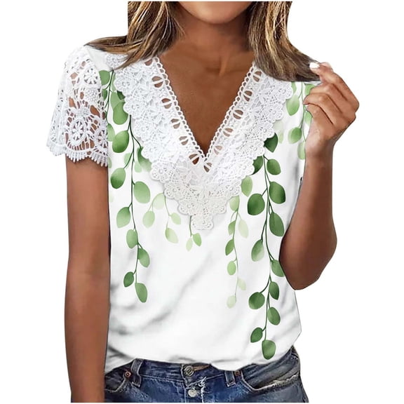 Cilsoka Ladies Tops and Blouses Petite Size, Short Sleeve Shirts for Women Casual 2026 Summer Fashion Lace Trim V Neck Shirt Tunic Tops Floral Blouses T Shirts