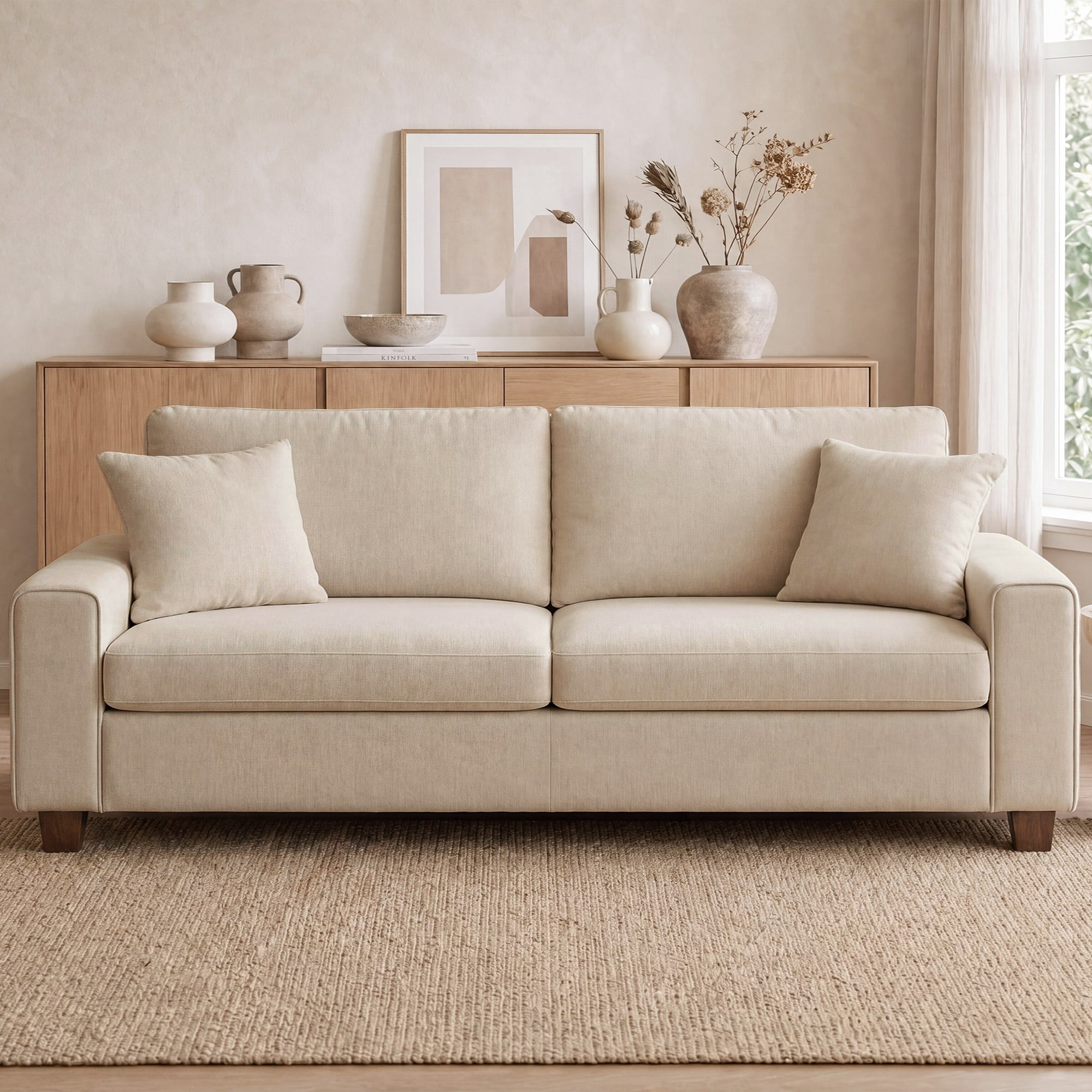 Poshby 88.58''W 3 Seater Sofa Couch with Chenille, Modern Square Arm for Living Room, Beige