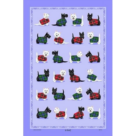 Samuel Lamont Scottie & Westie Cotton Tea Towel Adorable Playful Hand Drawn Westie Illustrations Vibrant Blue Background Scottish Hints Red Green Tartan Check Adorable Kitchenware Accessory