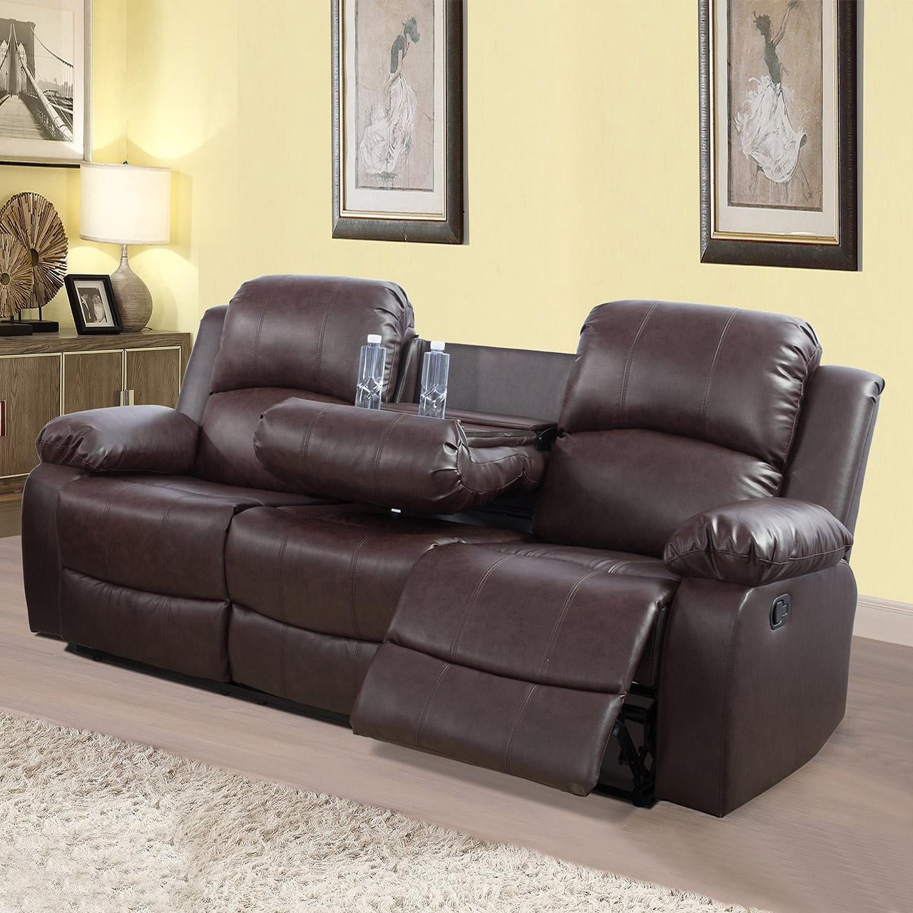 Gewnee Breathing leather Upholstered Manual Reclining Sofa with 3 Recliners and Cup Holders,Dark Coffee
