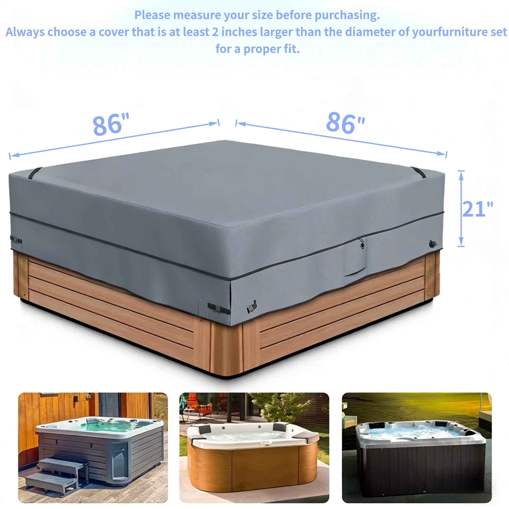 Outdoor Square Hot Tub Cover 86"x86", Waterproof & Anti-UV SPA Cover for Hot Tub with Super Windproof Straps, Gray