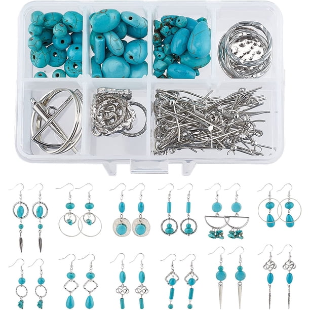 Kit para hacer aretes con 10 pares de cuentas turquesas, 8 formas, dijes, plumas, corazones y ganchos para aretes.