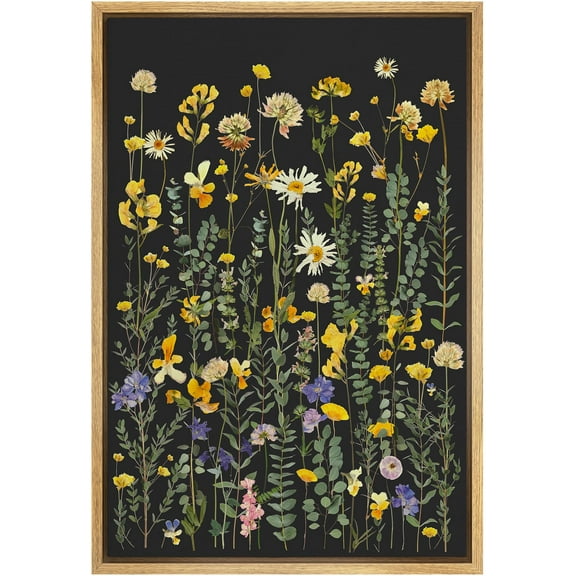 IDEA4WALL Framed Canvas Wall Art Vibrant Meadow Botanical with Colorful Wildflowers Botanical Art Forest Plants Floral Boho Print Vintage Minimal for Living Room, Bedroom, Office - 24"x36" Natural