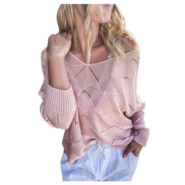 nsendm Womens Coat Adult Female Clothes Sweater Women Knitted Women'S  Autumn Sweater Casual Loose Solid Color Pullover Long-Sleeved Knee Length  for Women Pink Size M 