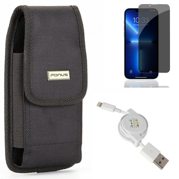 USB Cable & Privacy Screen Protector & Case Belt Clip for iPhone 13,Pro ONLY - Retractable Charger Power   Tempered Glass Curved Anti-Spy   Swivel Holster Rugged Combo