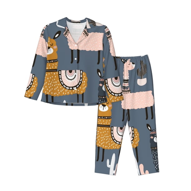 Fotbe Llama and Cactus Conjunto de Pijama de Manga Larga para Mujer con Estampado, Ropa de Dormir de 2 Piezas, Conjunto de Casa Suave y Cómodo con Bolsillos-Large