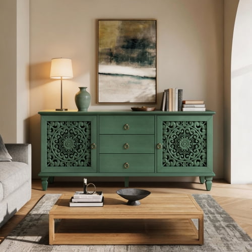 KavlSean 55.5" Farmhouse TV Stand with Hollow Carved Doors, Vintage Sideboard Buffet Storage Cabinet with 3 Drawers & Adjustable Shelves, Retro Freestanding Console Table for Living Room, Dining Room