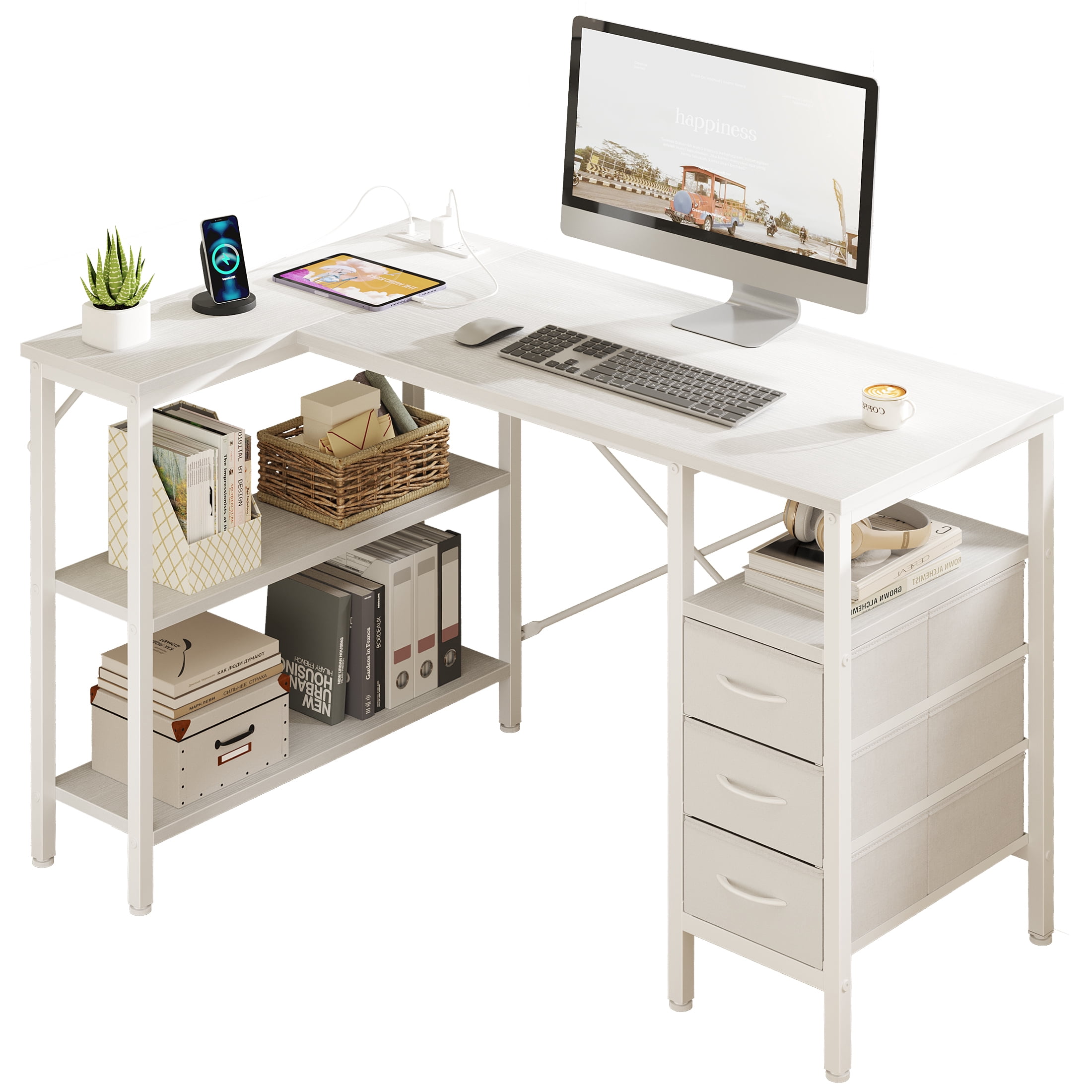 CONCETTA 47"L Shaped Computer Desk with 3 Drawers, Power Outlets, USB Ports, and Monitor Stand, Corner Gaming Desk for Home Office,White