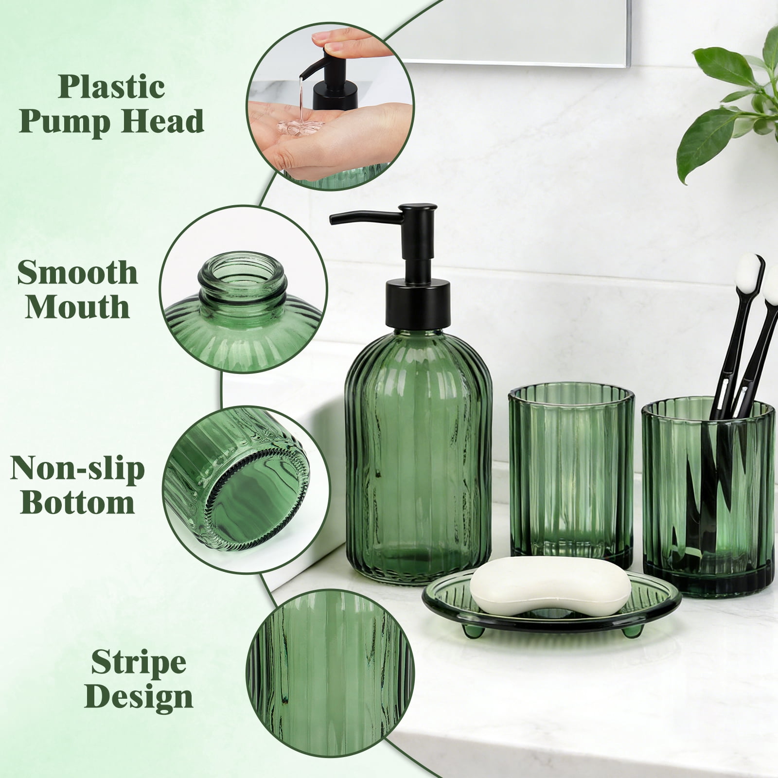 Bathroom Accessories Set, 4Pcs Bathroom Glass Soap Dispenser Set ,with Soap Dispenser , Soap Dish, Tumbler,Green