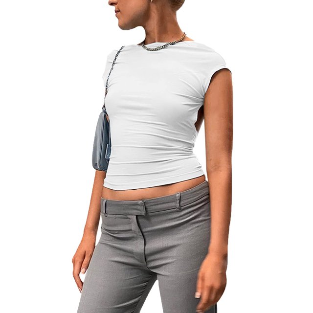 Camiseta sin espalda para mujer Color puro Camiseta de moda transpirable suave y agradable para la piel para aniversario Blanco L