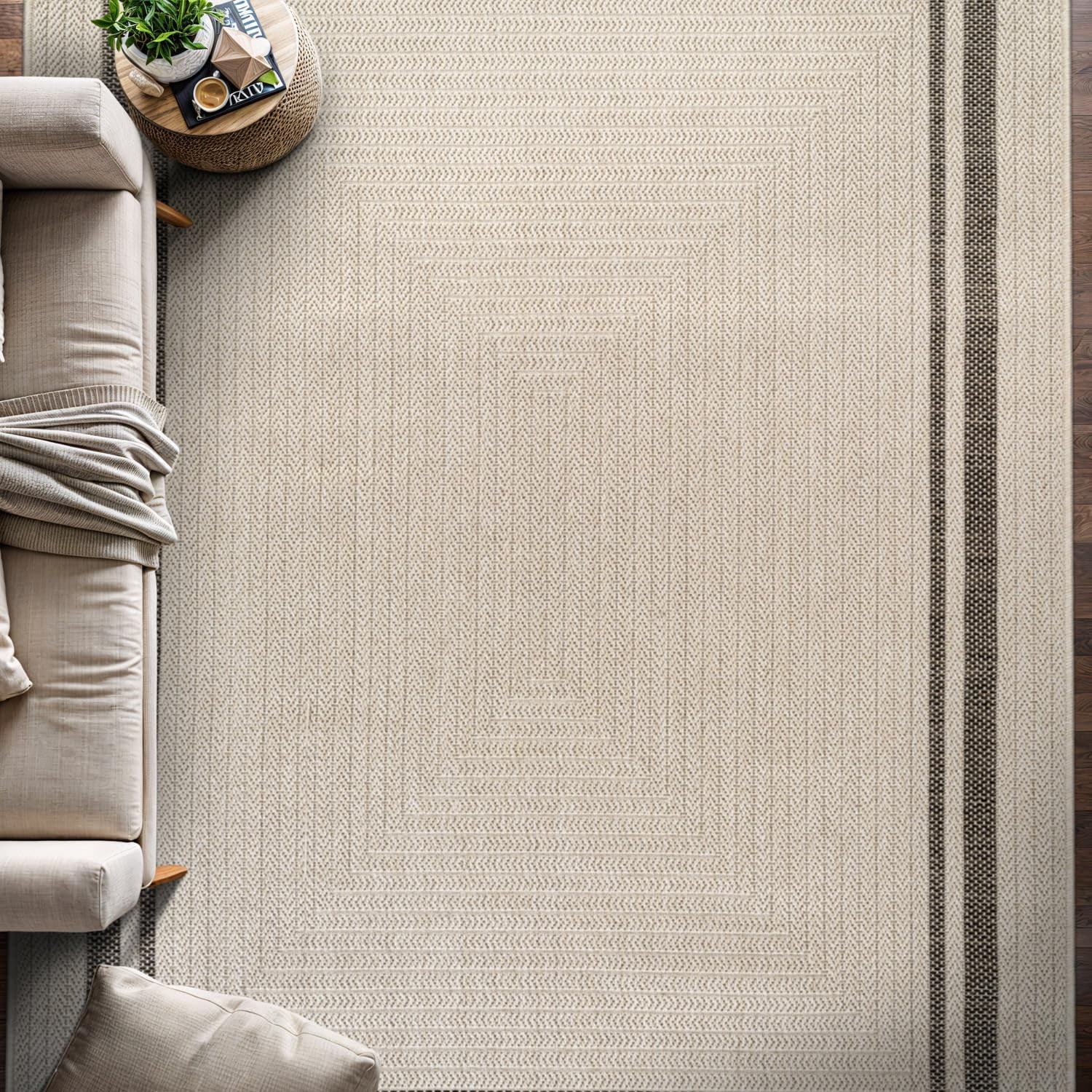 Beverly Rug Easy Jute Outdoor Indoor Non Shedding Easy-Cleaning Rug Bordered Off-White 4x6