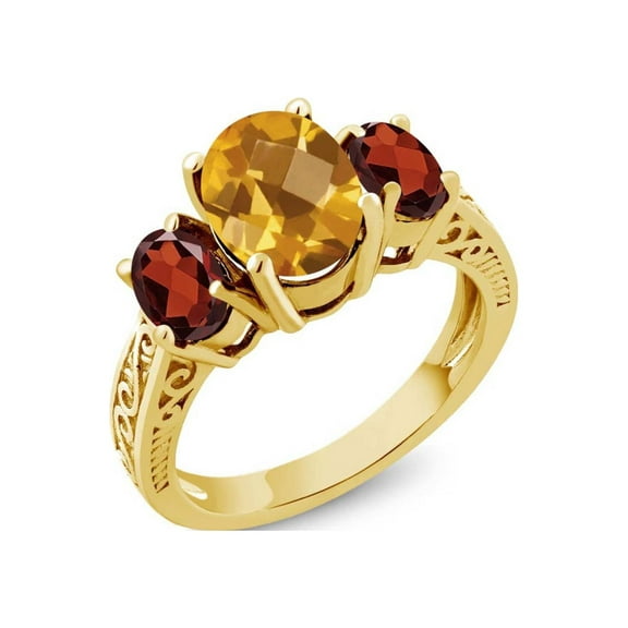 Gem Stone King 18K Yellow Gold Plated Silver Yellow Citrine and Red Garnet Ring for Women (2.70 Cttw, Gemstone Birthstone, Available in Size 5, 6, 7, 8, 9)