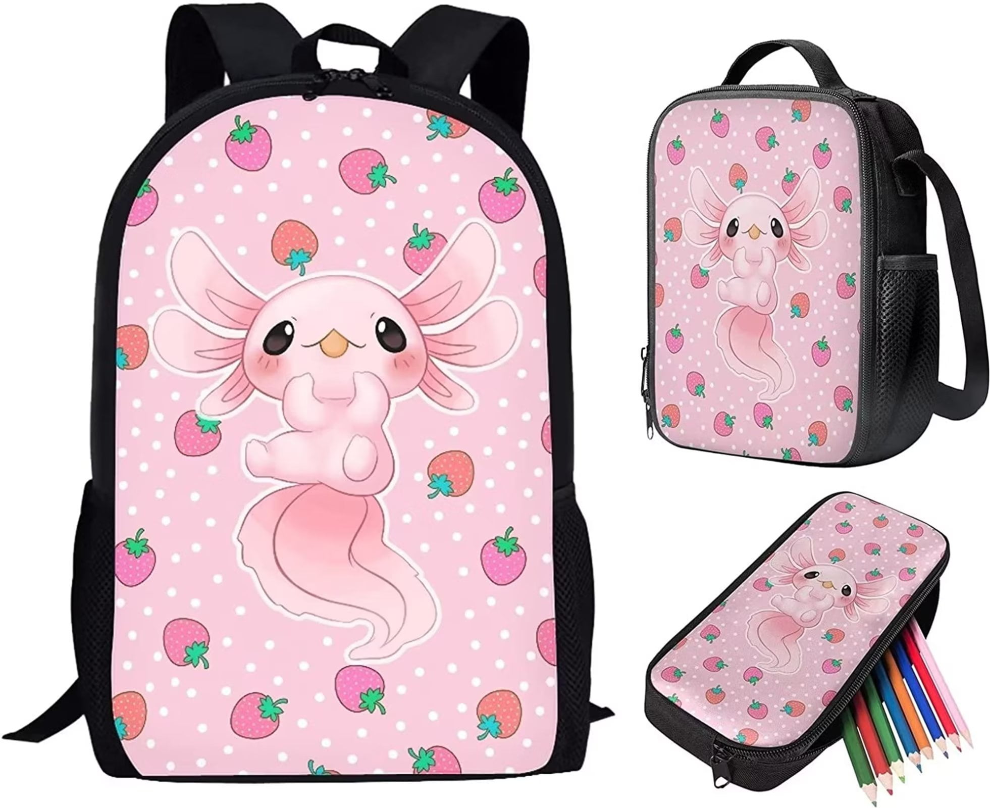 Renewold Strawberry Backpack Cute Axolotl 3 in 1 School Bag Sets with ...