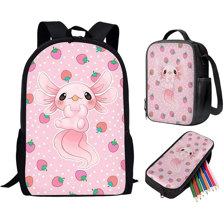 Renewold Strawberry Backpack Cute Axolotl 3 in 1 School Bag Sets with Lunch  Tote Pencil Bag for Kids Girls Elementary Middle School Bookbag Pink Back  Pack Purse for Child Students Daypack 