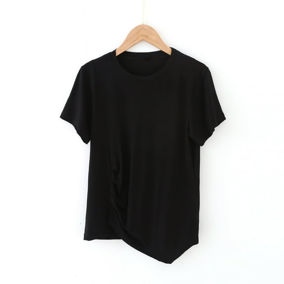 Plus Size Tops for Women under $5 Solid Color Short Sleeved Round Neck Not Irregular Loose T-shirt Black 2XL