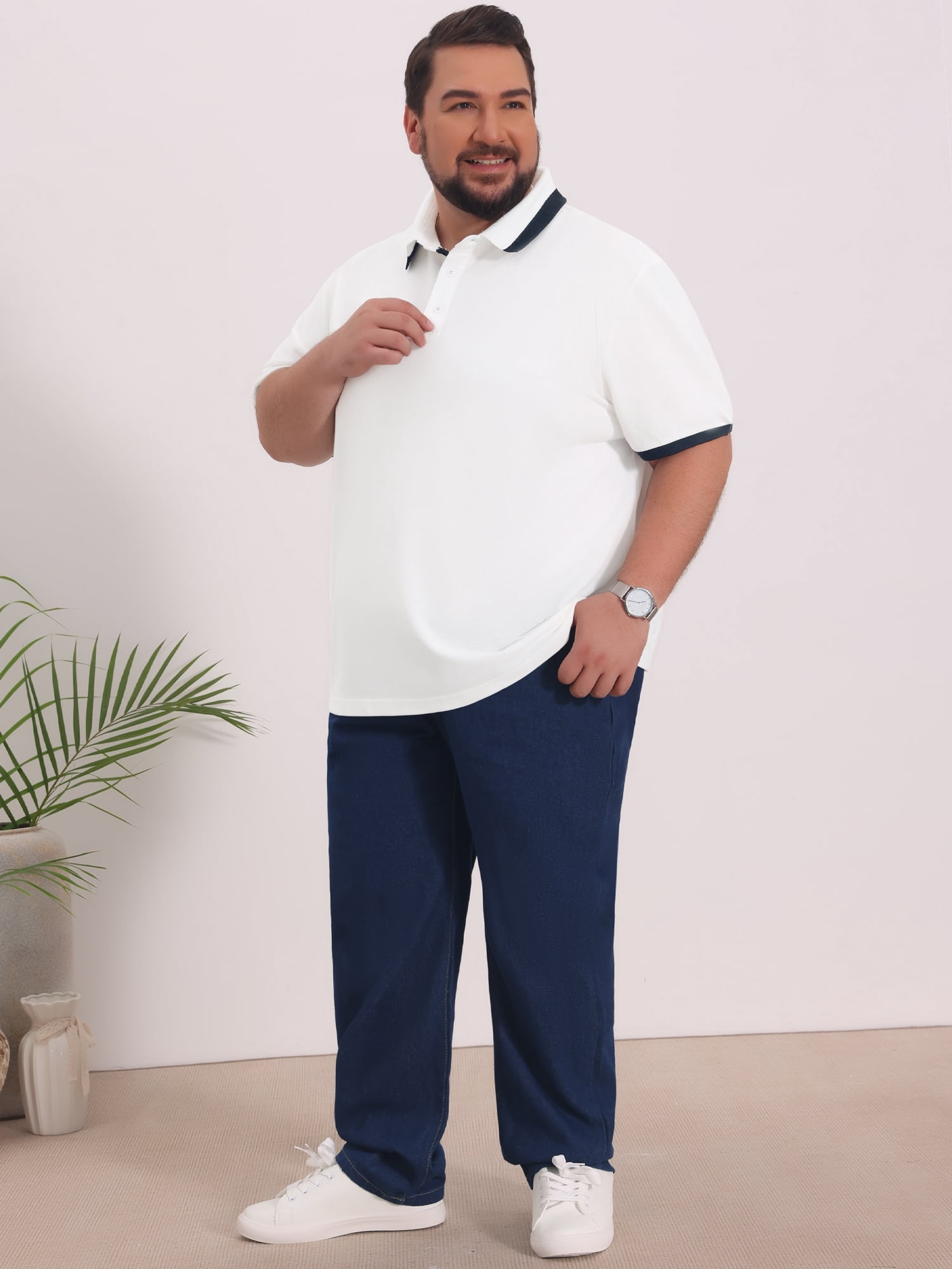 DARING DIVA Men's Big Tall Contrast Color Short Sleeve Button Down Polo 3XL White