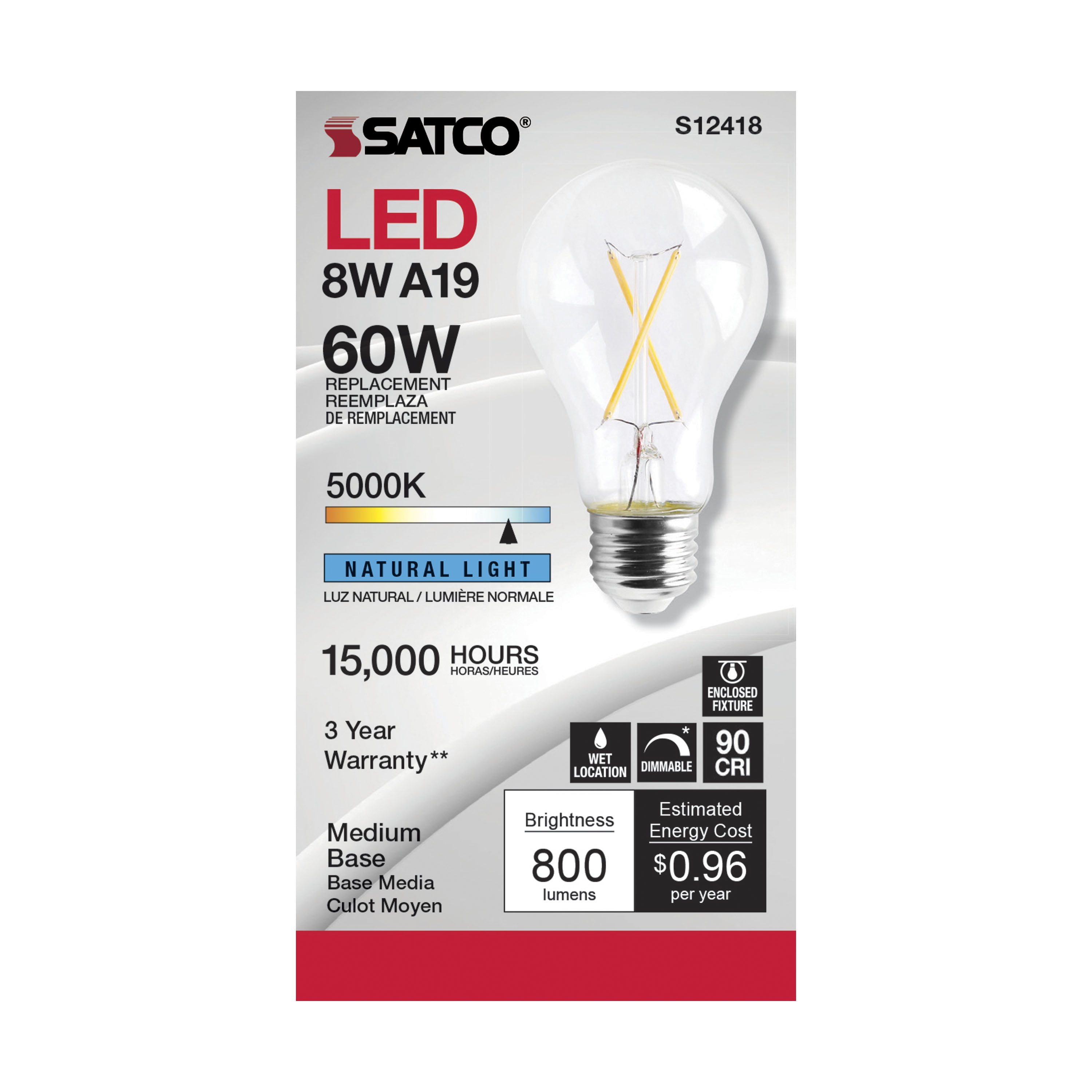 SATCO S12418 8W 120V LED Bulb A19 E26 Base 5000K Dimmable (6 Pack)