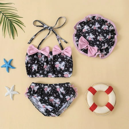 

Gubotare Toddler Summer Girls Bowknot Cow Printed Ruffles Two Piece Swimwear Swimsuit Bikini With Hat Cow Swimming Suit Black 6-12 Months