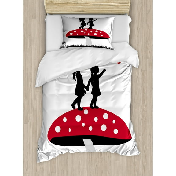 Mushroom Duvet Cover Set, Silhouettes of 2 Little Girl on Huge Toadstool, Decorative 2 Piece Bedding Set with 1 Pillow Shams, Twin Size, Vermilion Grey, by Ambesonne