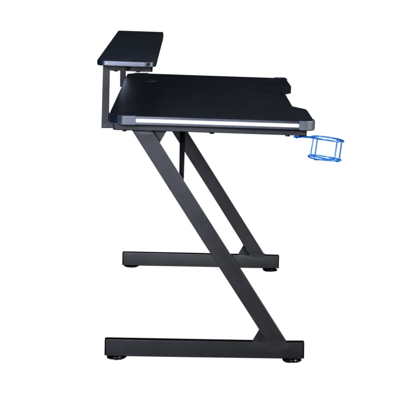 AON Gaming Desk & Gaming Chair Set – LED Carbon Fiber Desk with Riser Shelf and Ergonomic Racing-Style Gaming Chair, Black/ Grey