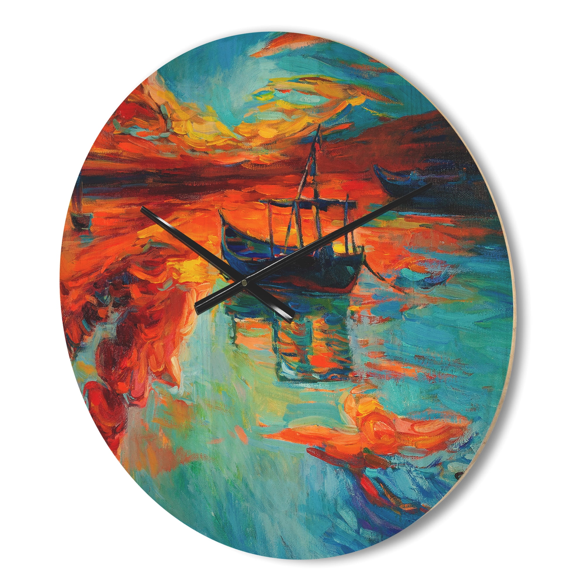 Designart 'Fishing Sailing Boat at Red Sunset Glow' Modern Wood Wall Clock