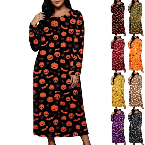 Stamzod Plus Size Nightgowns for Women Halloween Print T Shirt Night Dress Long Sleeve Moomoo Sleep Shirt XL