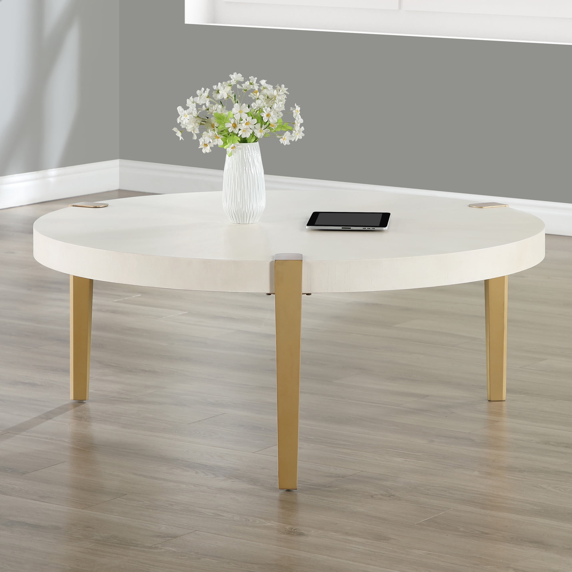 Steve Silver Gracie Modern Round Coffee Table with Sunburst Design, Washed White